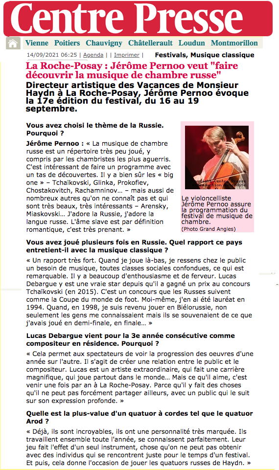 Page Internet. La Roche-Posay - Jérôme Pernoo veut « faire découvrir la musique de chambre russe » 2021-09-14